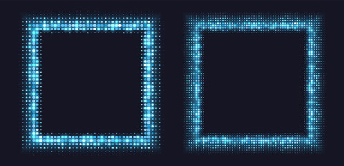 Obraz premium Blue halftone frames, glowing square borders, pattern with dots, radial disco luxury design element. Vector illustration.