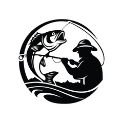 silhouette of a fisherman fishing on a boat vector art illustration