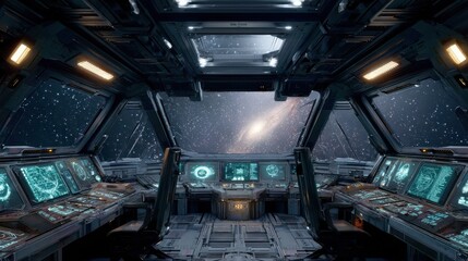 Spaceship bridge interior view, cosmic background, space travel