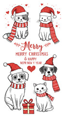 Festive Christmas Pixel Art with Cute Animals in Red Hats and Scarves