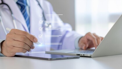 Doctor expertly reviewing digital checklist on tablet with laptop in bright modern office setting