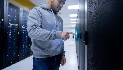 IT professional activating server in modern data center for seamless cloud computing solutions now