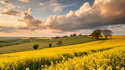 Golden canola field under dramatic clouds at sunset in rolling hills landscape