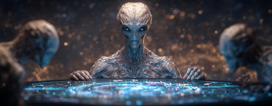 Alien beings engaged in mysterious conversation near an advanced holographic interface with vibrant cosmic background and a futuristic atmosphere