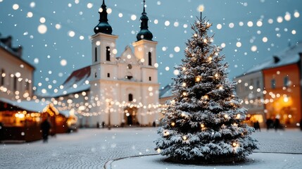Fototapeta premium Festive Christmas Market Scene with Snow-Covered Tree and Illuminated Lights in Winter Wonderland