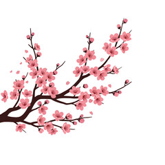 Cherry Blossom Branch Illustration with Pink Flowers Isolated on Transparent Background