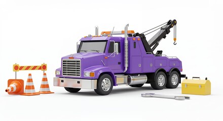 Purple toy tow truck with accessories