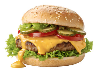 Delicious cheeseburger with melted cheese and fresh toppings