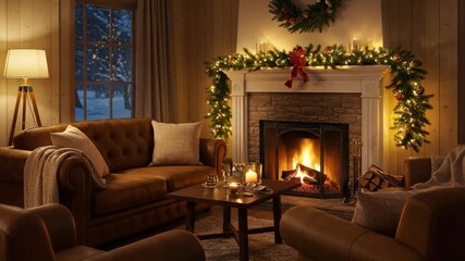 Cozy winter living room with festive decorations and fire