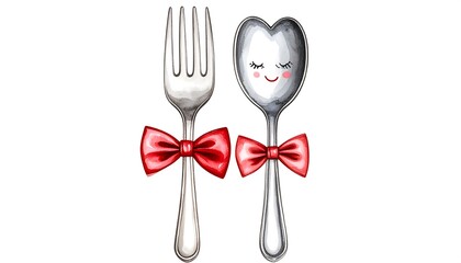 Cute cartoon silverware with heart-shaped spoon and red bows