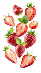 flying strawberries fruit and half slices isolated on transparent white background, clipping path