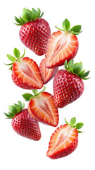 flying strawberries fruit and half slices isolated on transparent white background, clipping path