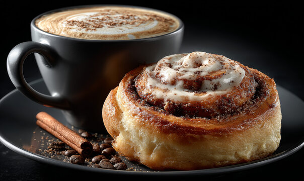 Elegant dessert and coffee pairing with cinnamon roll and latte in minimalist dark setting

