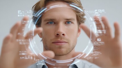 Futuristic concept of a man's digital consciousness represented by glowing halo of interconnected circular icons showing global networking, data, and modern technology.