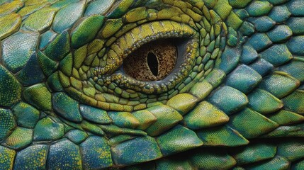 Close-up View of a Colorful Lizard Eye Detailed Texture with Vibrant Green and Blue Scales Capturing Unique Patterns and Natural Beauty in Wildlife