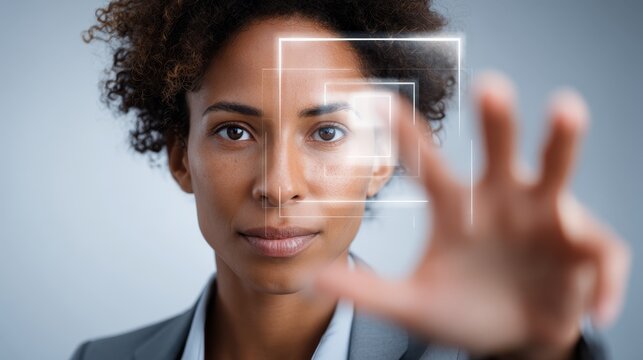 Futuristic conceptual portrait of a woman with glowing digital biometric interface on her face, symbolizing advanced artificial intelligence, cybersecurity, and virtual reality technology. - Powered by Adobe