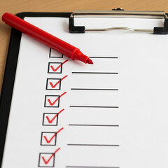 Photo of close up of a checklist on a clipboard with several items checked off using a red marker showing completed tasks