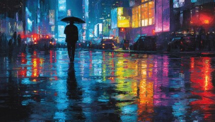 Obraz premium Rainy Night City Walk, Urban Reflections, Illuminated Streetscape