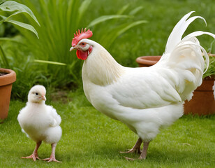 Fototapeta premium rooster and hen in the farm, A mottled rooster and a hen in the farm yard. Winter. Close-up view with Copy space. hen farm yard background, 