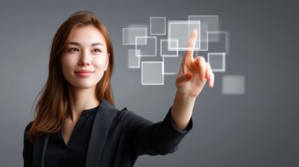 Professional businesswoman in a formal suit making decisive choice by pressing glowing futuristic button on digital interface for innovation and progress.