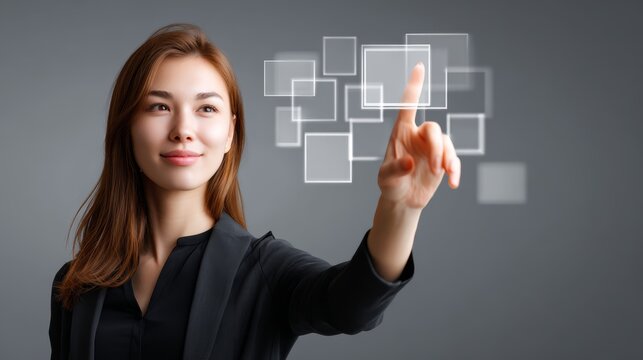 Professional businesswoman in a formal suit making decisive choice by pressing glowing futuristic button on digital interface for innovation and progress.