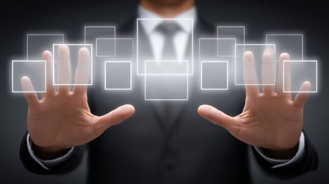 Futuristic business technology, professional businessman in a suit interacting with glowing blue virtual reality interface for data analysis and global connection in digital world. - Powered by Adobe