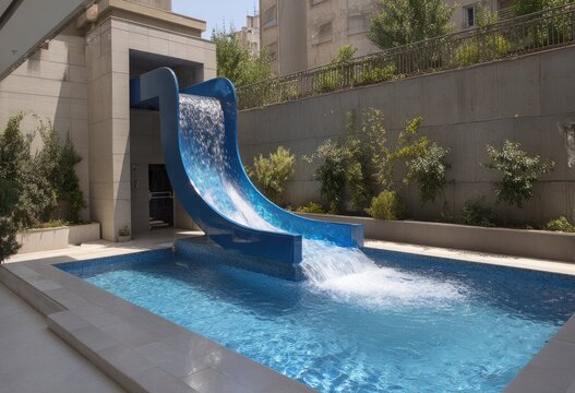 Blue water slide into pool in backyard