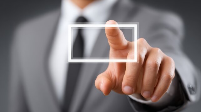 Professional businessman in a formal suit extending his hand and finger to press glowing blue square digital interface button for system access.