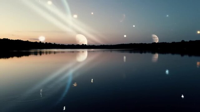 Floating oracle drone projects planetary alignments above lake