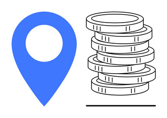 Blue location pin paired with stacked coins. Ideal for business, finance, economy, investment, savings, location-based services, local commerce. Clean and simple flat metaphor