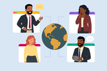 Business Team Discussion. Vector cartoon illustration in a flat style of business people talking to each other across the Globe. Isolated from background.