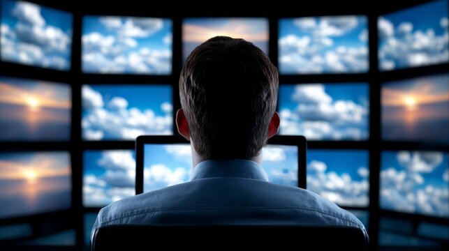 A solitary man sits in dark room enjoying an immersive entertainment experience watching movie or video game on large, brightly lit television screen at home. - Powered by Adobe