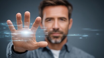 A closeup of human hand touching futuristic button on virtual screen interface for business data analytics, digital transformation, and artificial intelligence.