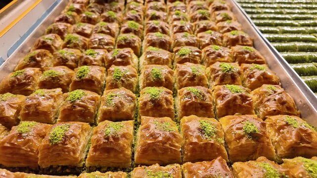 Delicious baklava display at a local sweet shop