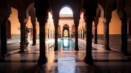 Serene Moroccan Courtyard with Reflecting Pool Architecture  Travel Scene.