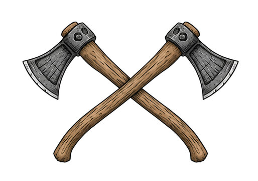 Crossed Axes Illustration Against Black Background Wood and Metal Tools