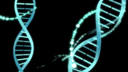 Abstract rendering depicts two light-blue DNA strands and several strings of glowing orbs against a stark black background