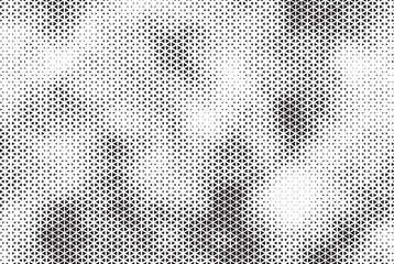 Grunge triangle halftone gradient texture. Faded grit noise background. Sandy gritty wallpaper. Retro pixelated backdrop. Black and white anime or manga comic overlay. Vector illustration.