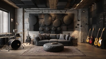 Industrial-style music studio apartment living room