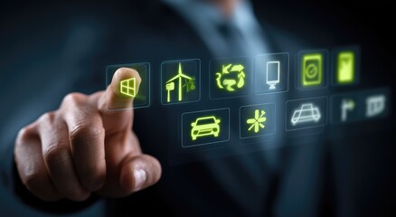 A hand touches a glowing interface of sustainable energy options