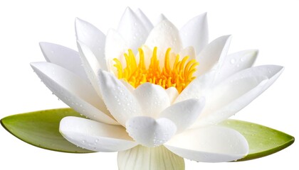 Close-up of a white water lily with yellow center and water droplets, isolated on white