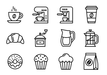 Coffee & Breakfast Vector Icon Set | Bold Line Style | Cup, Espresso Machine, Beans, Donut, Muffin, Croissant, Grinder, French Press, Cafe Icons