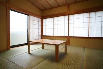 Minimal Japanese tatami room with wooden low table and shoji screens.