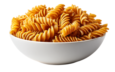 Brown pasta is displayed in white bowl. Food photography, restaurant menu, social media.