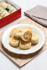 Bakpia pathok or bakpia pathuk. round shaped indonesian sweet rolls. originated from yogyakarta, indonesia.