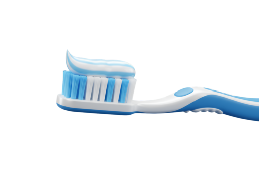 Close Up Photo of Blue Toothbrush with White and Blue Toothpaste on Transparent Background