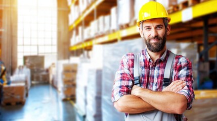 Obraz premium Industrial worker in safety gear, warehouse shelves behind, natural side lighting for warmth.