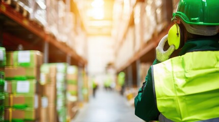 Industrial worker in safety gear, warehouse shelves behind, natural side lighting for warmth.