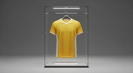 Prized yellow soccer jersey in an illuminated glass display case, a concept of sports memorabilia and team honor.