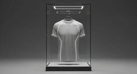 A futuristic white sports jersey presented in an illuminated glass display case on a dark background. A premium product showcase concept.